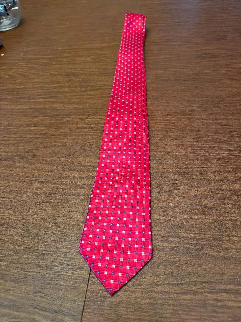 Barberini Roma Red Silk Necktie with Blue and White Geometric Floral Pattern